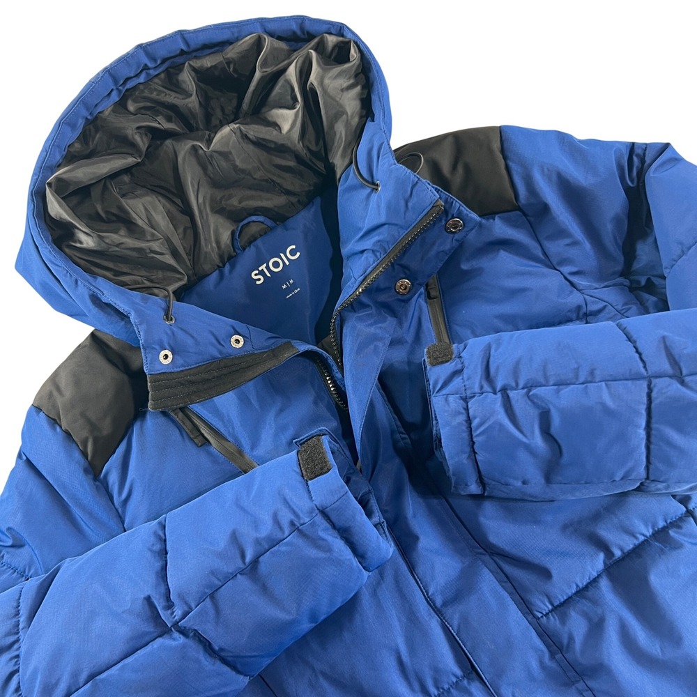 Stoic Puffer Jacket Mens M Blue Hooded Insulated Winter Parka Mountain Graphic